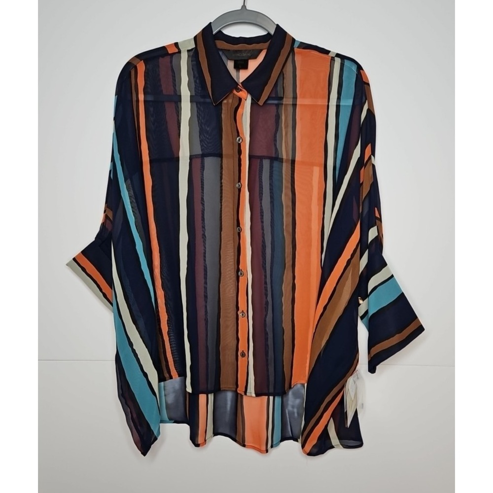 Miraclebody by Miraclesuit Womens Oversized Striped Sheer Blouse Size Large NWT